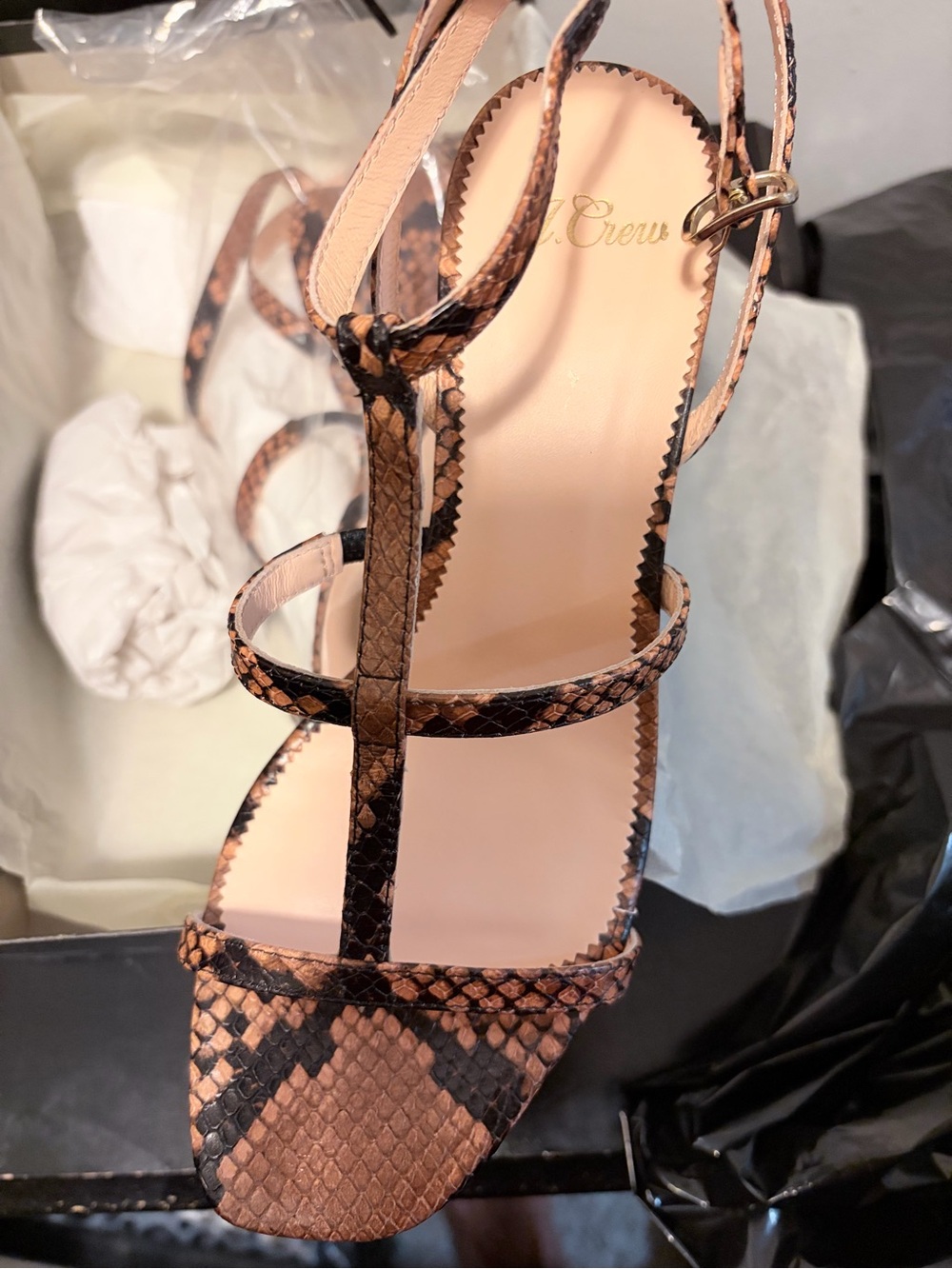J. Crew Brown and Black Snake-Print Strappy Sandal